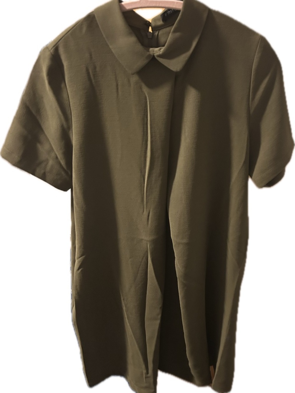 Women’s Olive Green Short-Sleeve Popover Dress with Button-Back Collar